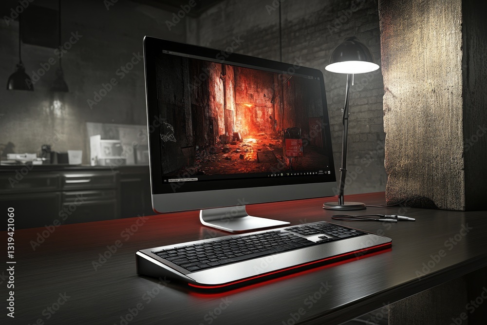 Poster modern desktop computer setup with warm lighting in stylish room