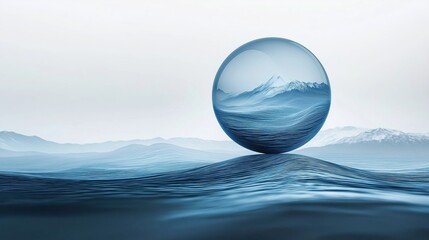 Surreal Glass Sphere Reflecting Inverted Mountain Over Calm Water Landscape
