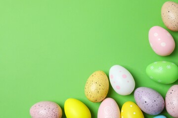 Happy Easter. Colorful eggs on color background, space for text or advertising