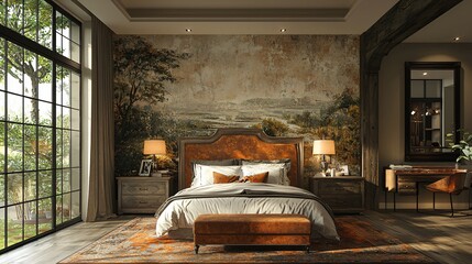 Luxurious bedroom interior design with serene landscape mural and elegant decor elements