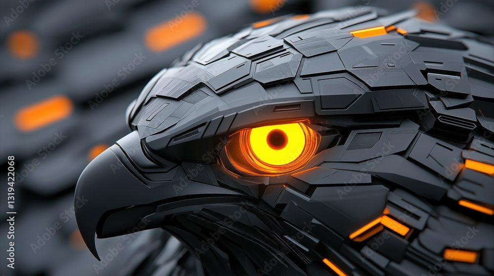 Poster hyper-detailed close-up of a robotic falcon with neon accents and intricate textures in a futuristic