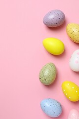Happy Easter. Colorful eggs on color background, space for text or advertising