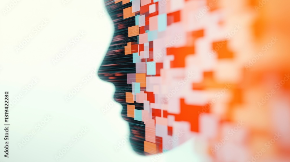 Poster colorful digital face composition with glitch patterns and abstract designs in a modern art style