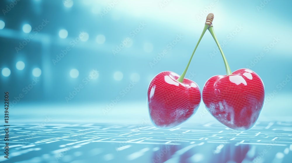 Poster two glossy cherries floating in a futuristic digital environment with a high-tech feel