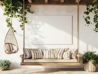 Cozy indoor swing with decorative cushions, hanging chair, and green plants against a minimalist wall, perfect for relaxation and stylish living spaces