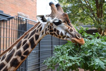 A majestic giraffe grazing on leaves from a tall tree
