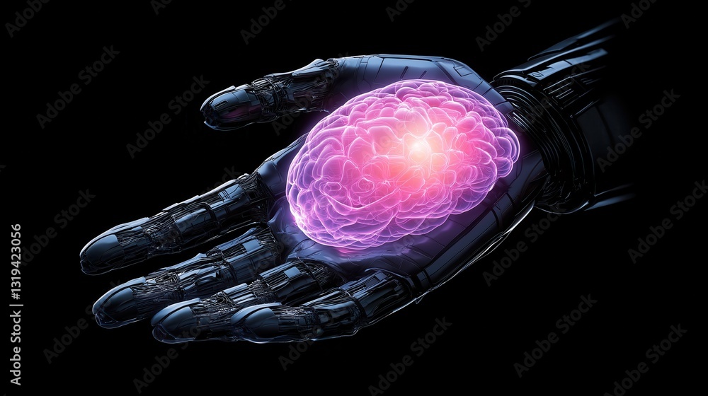 Poster futuristic robotic hand cradling a holographic brain representing advanced ai concepts and technolog