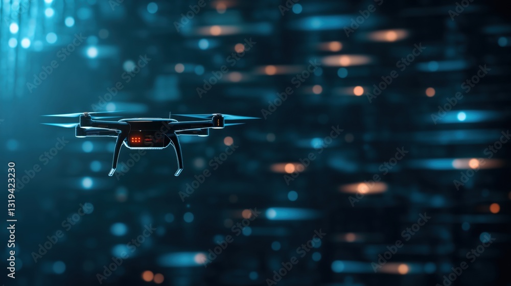 Poster futuristic ai-driven drone hovering over a smart city in a dynamic digital environment