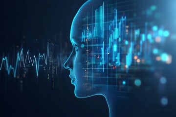 Future financial technology and business data analysis concept with financial chart graphs and diagram interface in form of human head on dark background 3D rendering