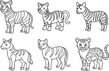 Simple Black and White Tiger Vector Set – Wild Tiger Illustrations, Roaring Tiger Clipart, Big Cat Silhouettes, Jungle Wildlife Line Art for Design.