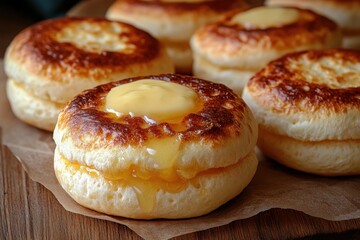 Delicious pastry filled with luscious sweet cream arranged appetizingly on a textured wooden background Perfect for a tasty snack or dessert