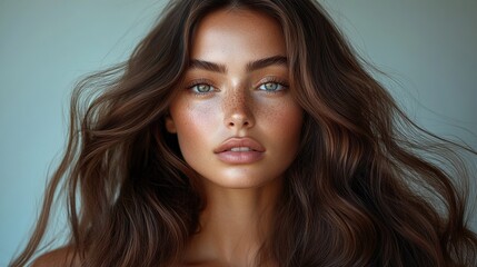 A woman with long brown hair and a tan complexion