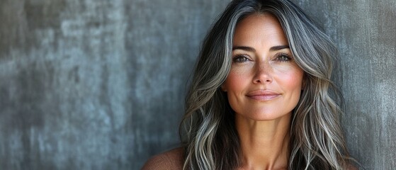 Fototapeta premium A woman with gray hair is smiling and looking at the camera