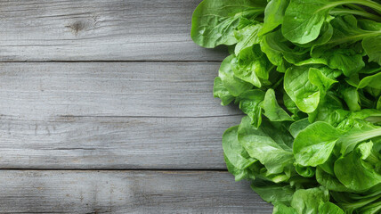 Fototapeta premium Fresh spinach leaves on rustic wooden background, vibrant and healthy