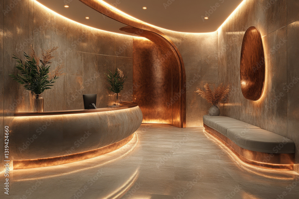 Poster modern reception area with stylish decor and warm lighting creating a welcoming atmosphere for guest
