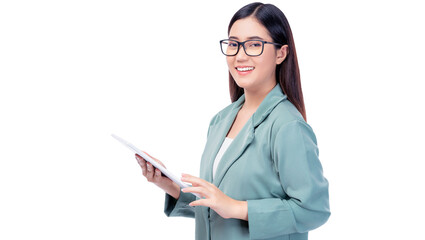 Smiling Confident young Business woman wear glasses holds tablet Modern and professional theme, making it ideal for business, technology and education related concepts.