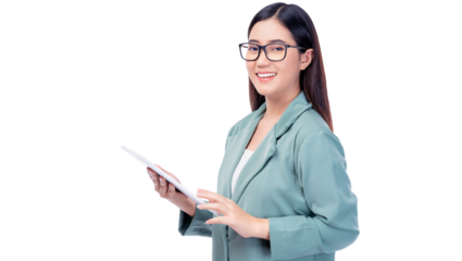 Smiling Confident young Business woman wear glasses holds tablet Modern and professional theme, making it ideal for business, technology and education related concepts.