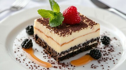Indulgent chocolate dessert slice gourmet restaurant food photography elegant setting close-up view tempting treat