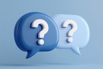 Two 3D-styled blue speech bubbles with large white question marks. Minimalistic design on a subtle blue background, symbolizing questions or communication. Ai generative