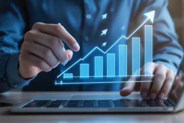 A person interacting with a holographic bar chart on a laptop, glowing blue, symbolizing business growth, innovation, and financial success. Ai generative