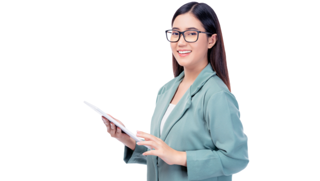 Smiling Confident young Business woman wear glasses holds tablet Modern and professional theme, making it ideal for business, technology and education related concepts.