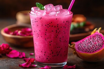 Refreshing dragon fruit smoothie with ice served in a glass with straw and mint garnish next to half a dragon fruit