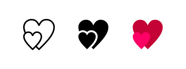 Love hearts icon. Two overlapping hearts vector illustration. Romantic relationship symbol. Passion, affection, and togetherness pictogram. Valentine's Day and love concept.
