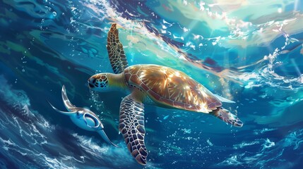 Obraz premium A sea turtle and a manta ray gliding together under the sparkling surface of the waves