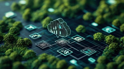 A digital cloud symbol overlaid on a grid of technology icons surrounded by greenery, representing the fusion of nature and technology.