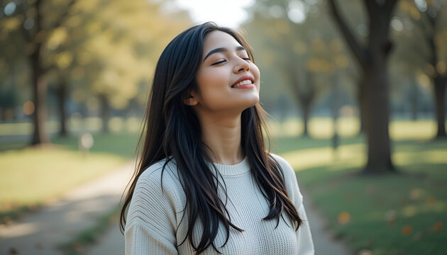A young beautiful Indian woman is standing outside in a park in a white sweater and with her eyes closed is taking deep breaths and enjoying herself. Close-up, with isolated on transparents background