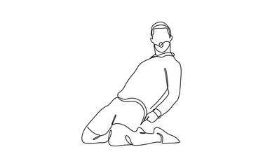 Continuous single one line art drawing of football soccer player celebrating, Match soccer goal celebration concept. Single line draw design vector graphic illustration.