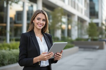 Businesswoman in formal attire holding a tablet, smiling confidently. Background includes modern office buildings and greenery. Concept of professionalism. Ai generative