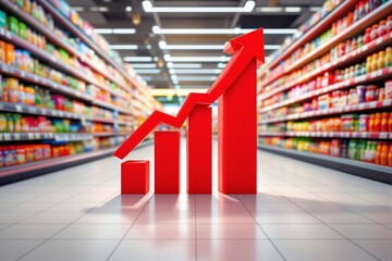 Red upward bar graph with arrow in a supermarket aisle, colorful shelves as background, symbolizing growth, sales, and market trends. Ai generative