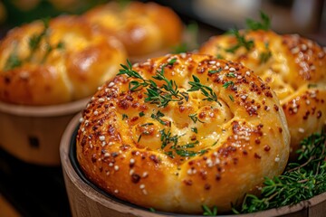 Golden pastries garnished with herbs and seeds sit invitingly promising a delightful culinary experience Freshly baked and ready to enjoy