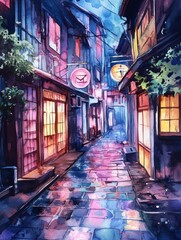 Nighttime neon alleyway exploration urban setting watercolor backgrounds vibrant colors creative viewpoint