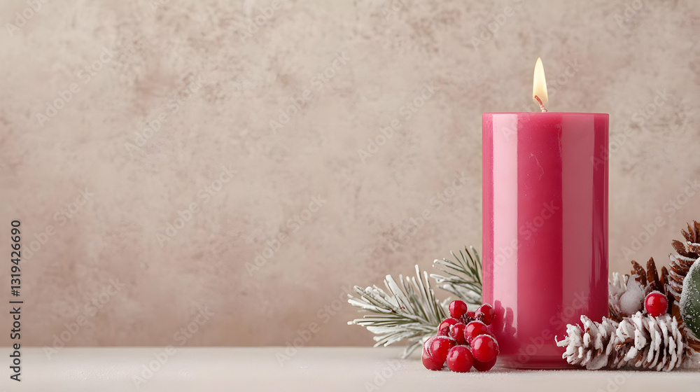 Poster lit red candle with pine cones and berries on a table with beige background illuminated with soft li