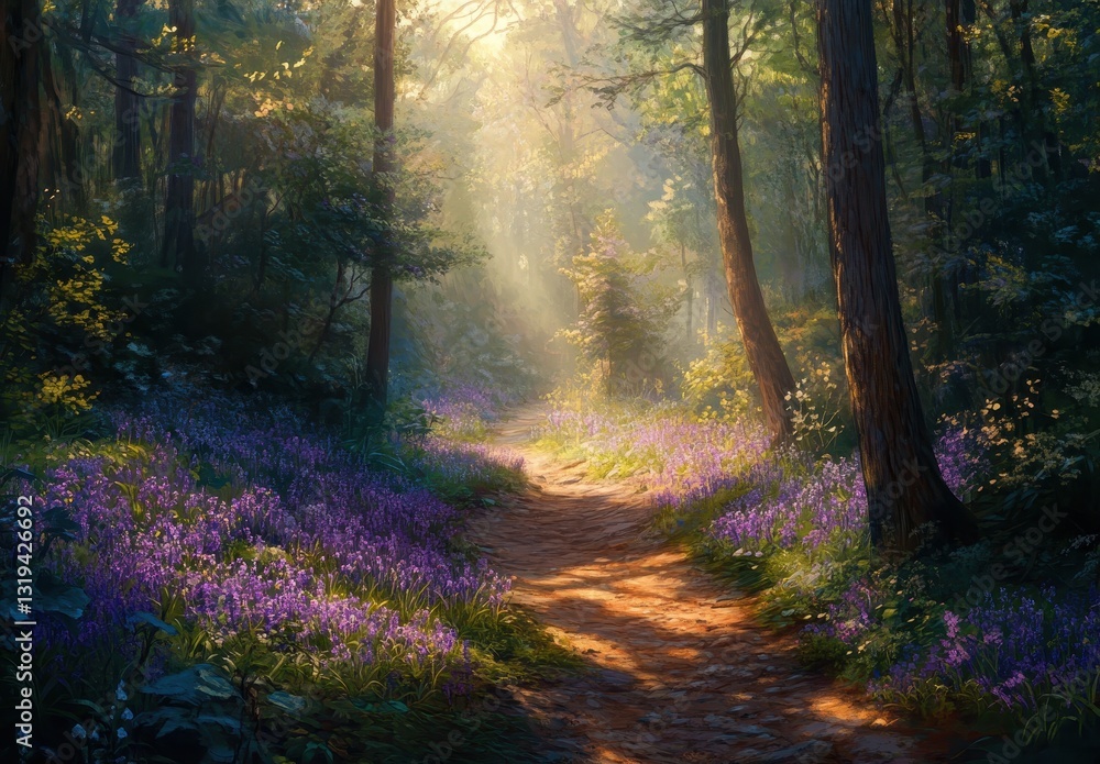 Poster enchanted forest path with sunlight filtering through trees and violet flowers illuminating a serene
