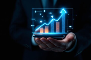 Digital graph and bar chart glowing in blue held on a smartphone in a businessman's hands, symbolizing growth, success, and financial analysis. Ai generative