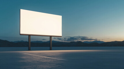 modern blank billboard standing in empty parking lot at dusk with serene mountain backdrop
