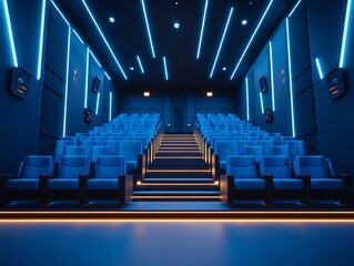 Obraz premium Modern cinema hall interior with empty blue seats and illuminated walls in a dark room, front view 3D Rendering