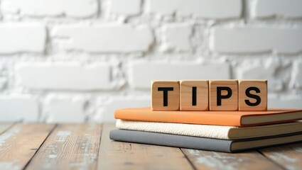 The term TIPS displayed on wooden block cubes resting atop books against a backdrop of white bricks, featuring blank copy space and a vintage minimal aesthetic. Ideas of tricks, hacks, assistance, ...