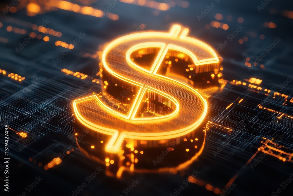 Poster glowing dollar symbol on a digital background with circuitry and glowing elements