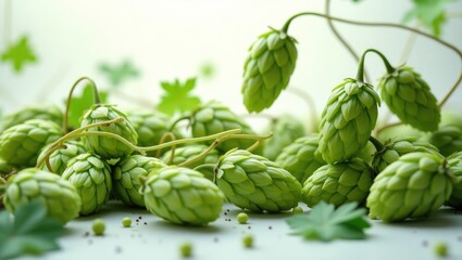 Fototapeta premium Hops cones, set against a white background. Pattern design.