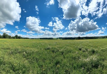 Fototapeta premium Expansive Green Field Under Dramatic Cloudy Sky in Springtime with Vibrant Blue Skies and Lush Greenery Radiating Natural Beauty and Tranquility