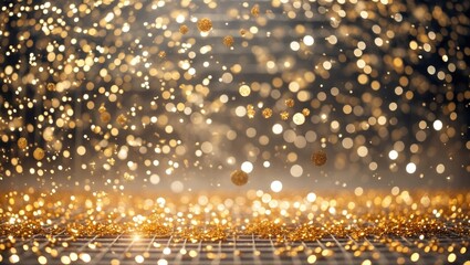 Christmas background. Magical shimmering gold dust. Delicate, shiny dust bokeh particles gently fall. Extraordinary shimmer effect.