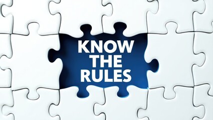 Fototapeta premium Symbol for Know the Rules. Concept words displayed on a white puzzle. Striking deep blue background. Business and concept. Space for text.