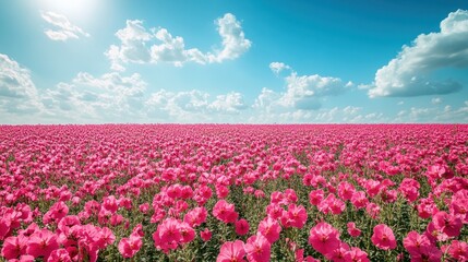 Fototapeta premium Vast expanse of vibrant pink flowers under a bright blue sky. A beautiful floral field