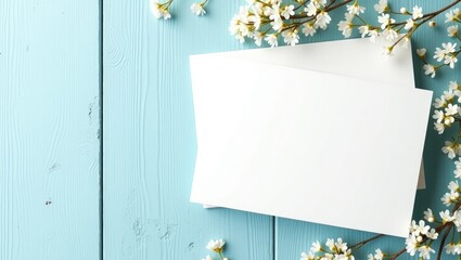 Card mockup featuring a blank white wedding invitation with floral decoration set against a wooden backdrop. Greeting card mockup displaying white dried flowers on a table.