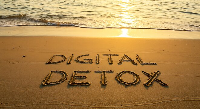 Digital detox message on the beach - promoting disconnection - for wellness campaigns.
