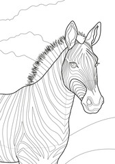 Zebra in the form of a contour drawing for coloring. The image is on a white background, with clear lines without a background. Ideal for children's coloring books, educational materials